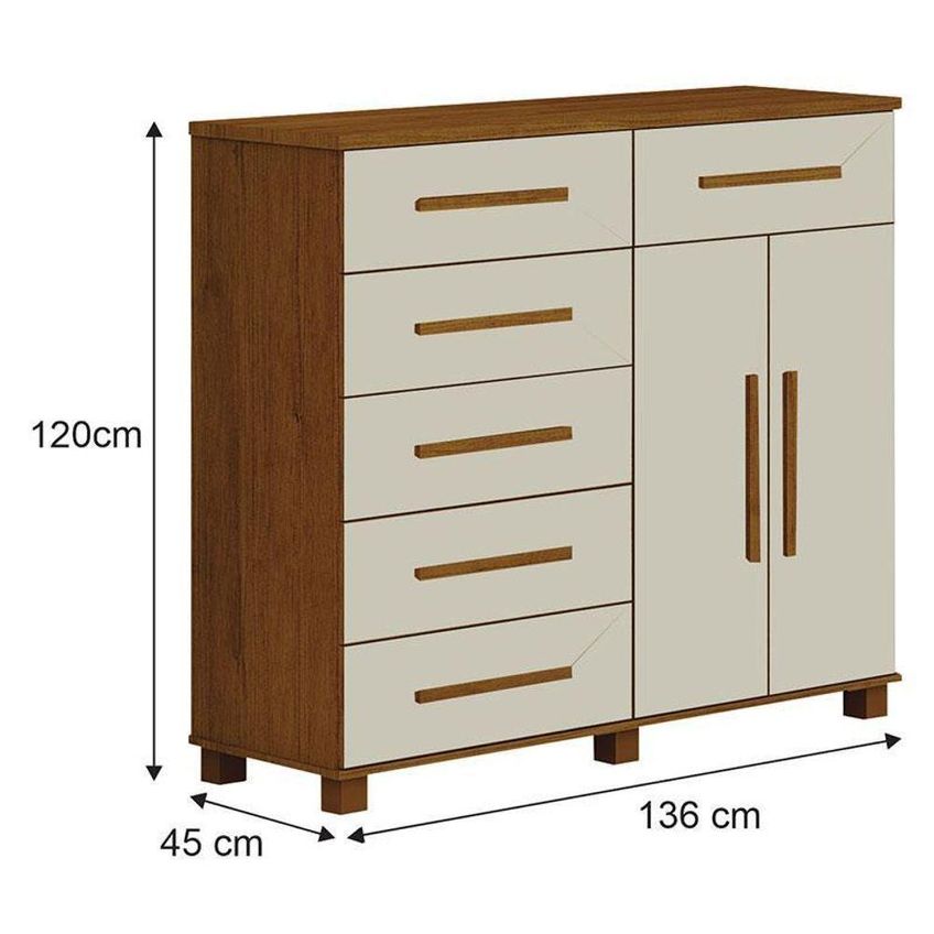 Guarda Roupa Casal Com Cômoda Evo 6 Portas De Bater Com Espelho 6 Gavetas Mdf Mdp Cinamomo Off-white - imagem 3