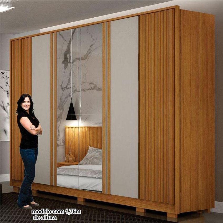 Guarda Roupa Casal Com Cômoda Evo 6 Portas De Bater Com Espelho 6 Gavetas Mdf Mdp Cinamomo Off-white - imagem 4