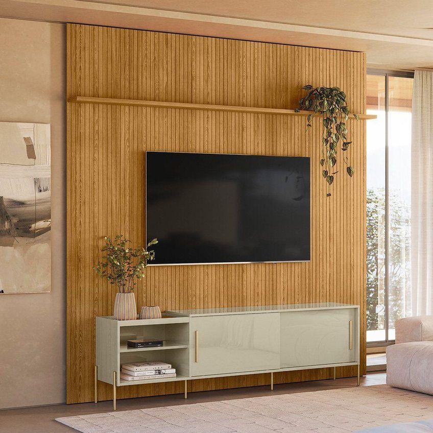 Painel Para TV Com Rack Orlando 75" 238cm MDF-MDP Portas De Correr Cumaru E Opala Madetec Móveis - imagem 4