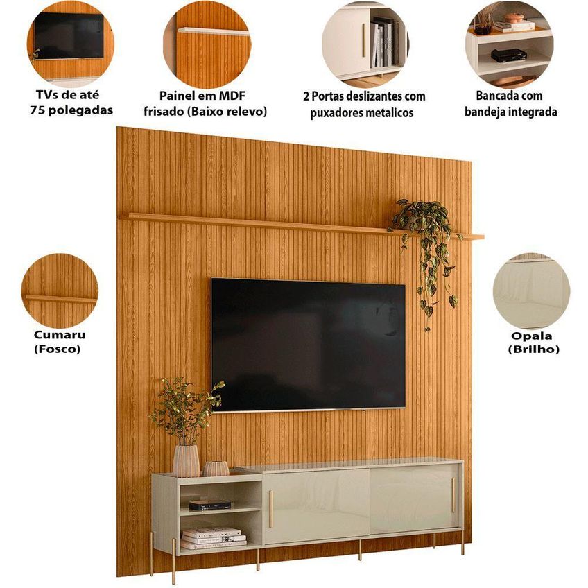 Painel Para TV Com Rack Orlando 75" 238cm MDF-MDP Portas De Correr Cumaru E Opala Madetec Móveis - imagem 5