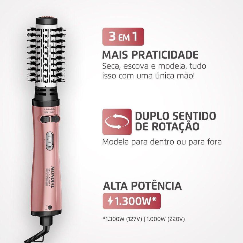 Escova Rotativa Erb12gr Mista 1300w Íons Tourmaline Rose Mondial Bivolt - imagem 3