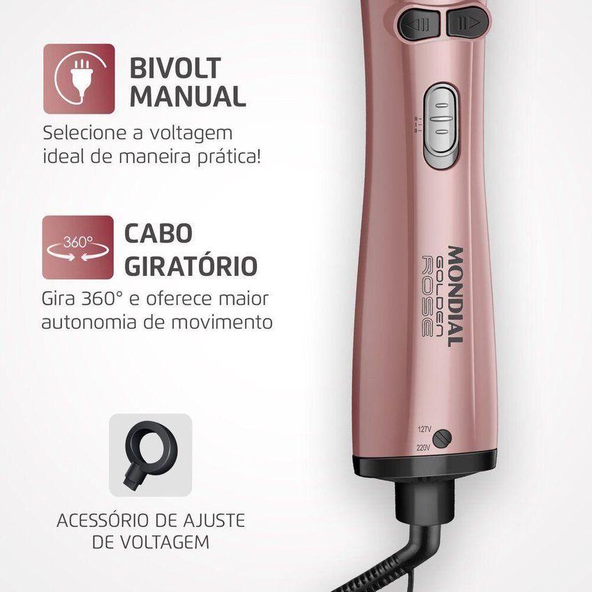 Escova Rotativa Erb12gr Mista 1300w Íons Tourmaline Rose Mondial Bivolt - imagem 4