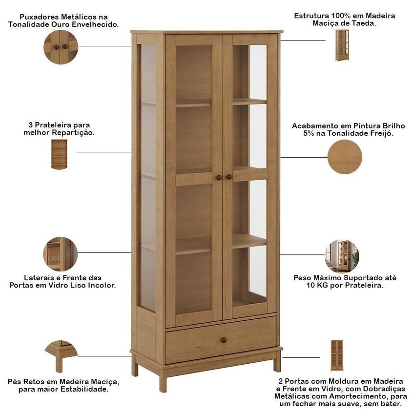 Cristaleira Ethos F06 2 Portas 3 Prateleiras Com Gaveta Freijó Lyam Decor - imagem 4