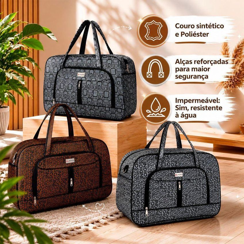 Bolsa Mala Sacola Grande 62cm Couro Sintético Impermeável Com Alça Marrom - imagem 5