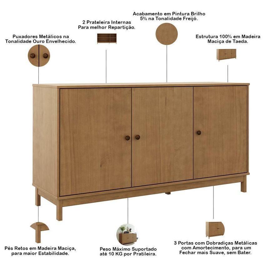 Aparador Buffet Ethos F06 3 Portas 2 Prateleiras Madeira Maciça Amadeirado Lyam Decor - imagem 5