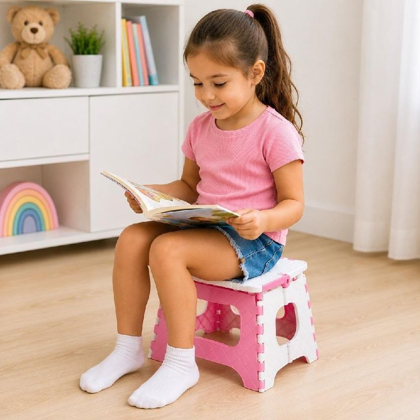 Banqueta Dobrável Infantil Com Alça Plástico Portátil Rosa Yeet - imagem 3