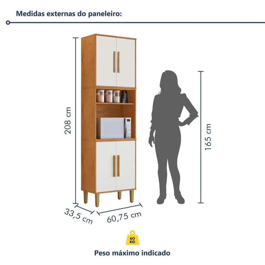 Paneleiro Lorena 4 Portas 1 Gaveta MDF 60cm Off White Kaiki Móveis - imagem 3