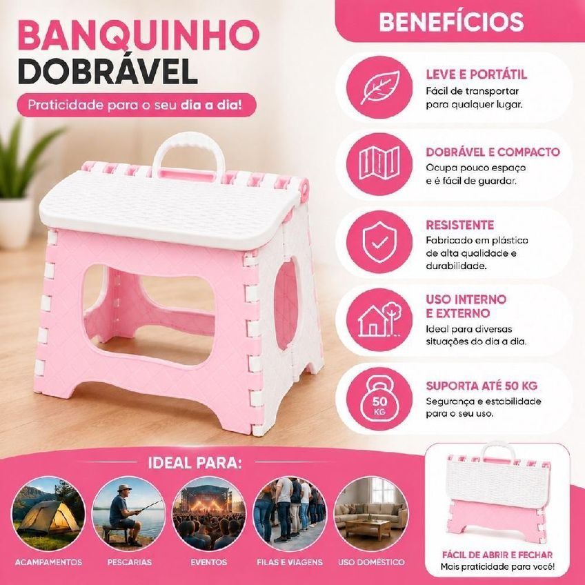 Banqueta Dobrável Infantil Com Alça Plástico Portátil Rosa Yeet - imagem 4