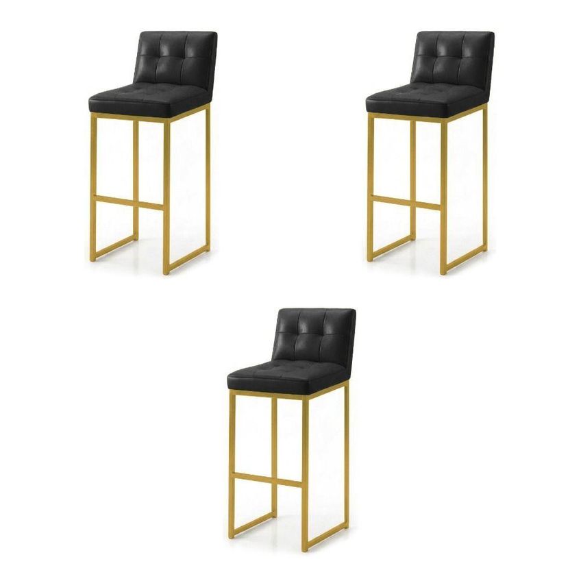 Kit 3 Banquetas Altas Lirina C05 Pu Base Dourada Com Encosto Preto D'rossi - imagem 3