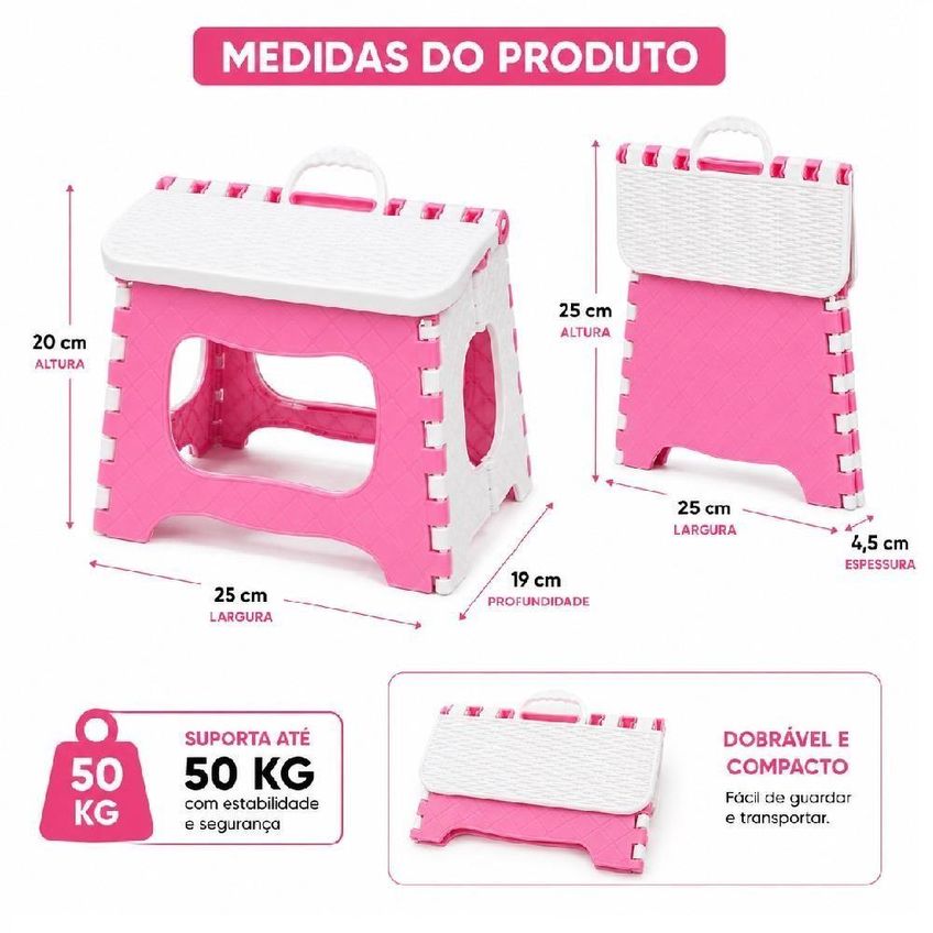 Banqueta Dobrável Infantil Com Alça Plástico Portátil Rosa Yeet - imagem 5