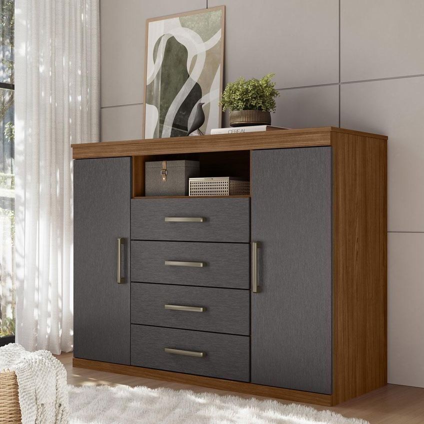 Guarda Roupa Casal Ripado Buriti 4 Portas De Bater 2 Gavetas Mdf Mdp Jatobá Grafite Acetinado Santos - imagem 4