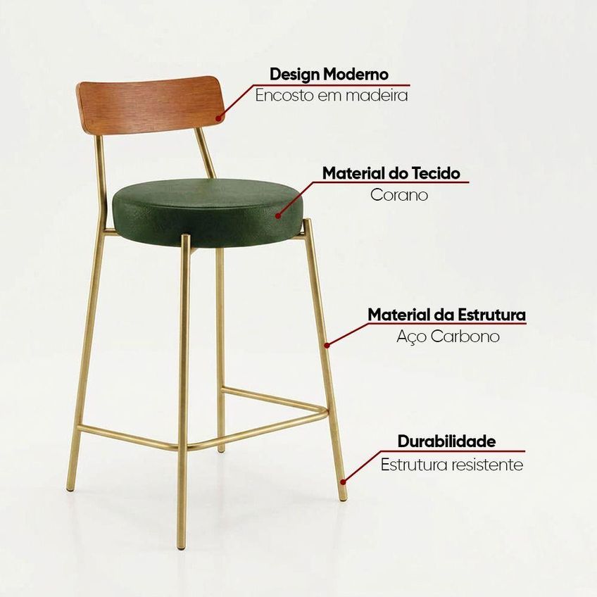 Banqueta Cozinha Alta Londrina Pu D03 Assento Em Pu Base Fixa Com Encosto Verde D'rossi - imagem 3