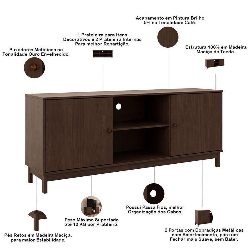 Rack Ethos F06 Para TV 60" 160cm Madeira Maciça 2 Portas Café Lyam Decor - imagem 4