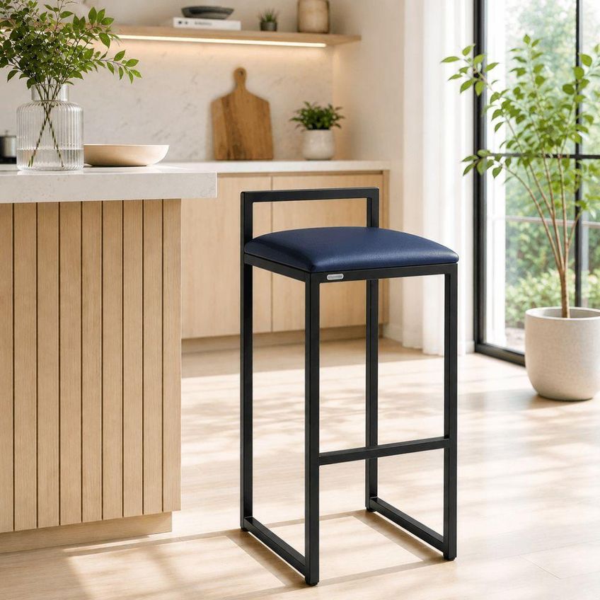 Banqueta Alta Industrial Isa Estofados Metalon Couro Sintético Azul Marinho 80cm - imagem 3