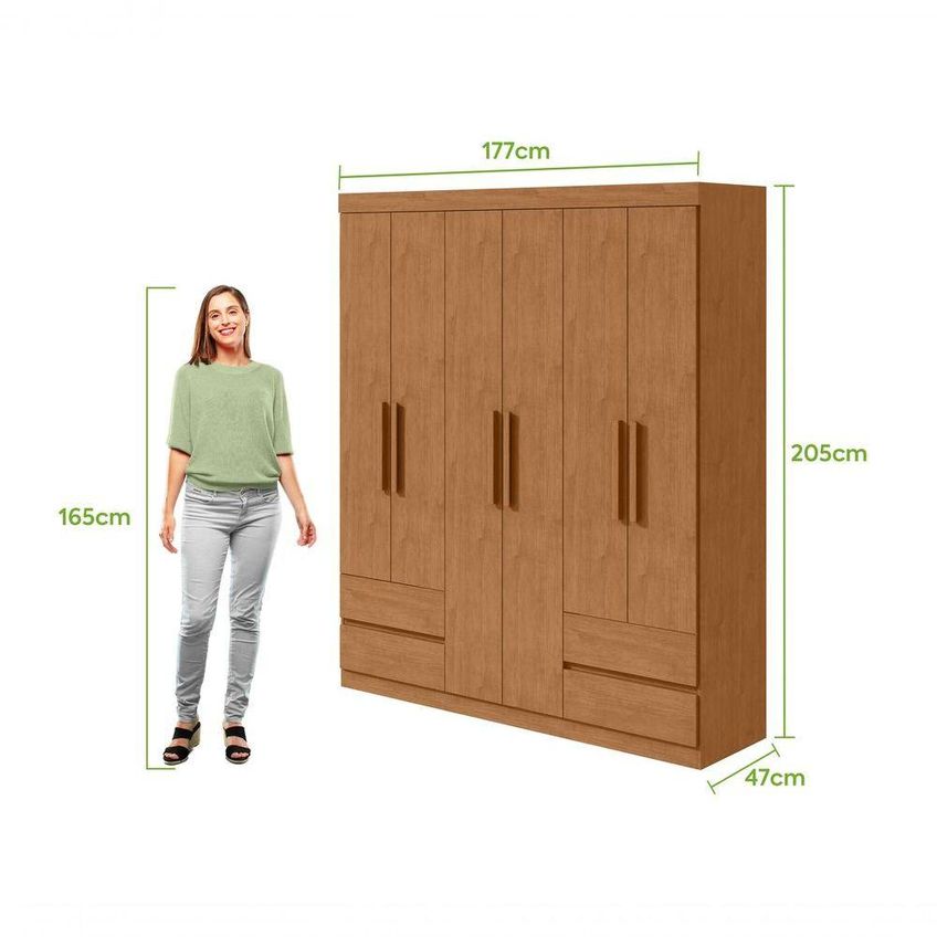 Guarda Roupa Casal Zeus 6 Portas De Bater 4 Gavetas MDP Amendoa Clean Móveis Lopas - imagem 5