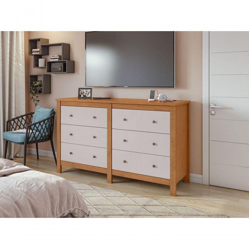 Cômoda Maggiore Horizontal 6 Gavetas MDP MDF Puxador Metal Amêndoa Clean Off White Móveis Lopas - imagem 3