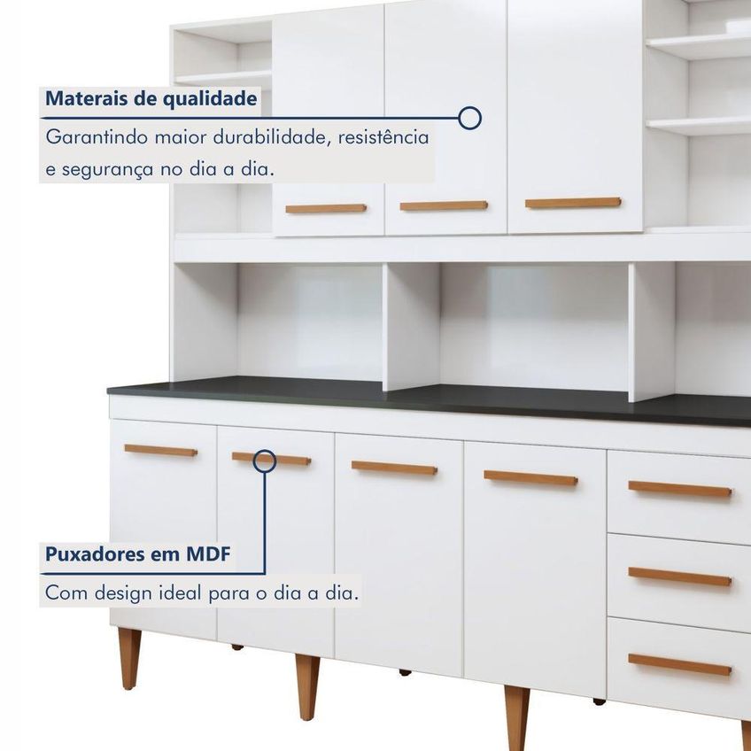 Cozinha Compacta Atenas 7 Portas 3 Gavetas MDP 201cm Branca Kaiki Móveis - imagem 3
