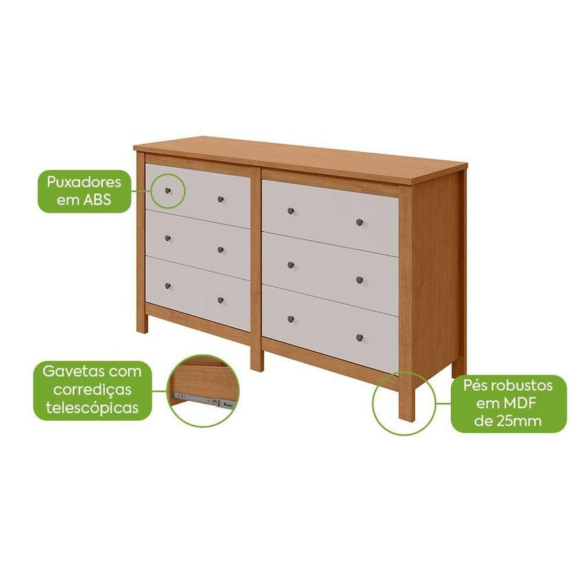 Cômoda Maggiore Horizontal 6 Gavetas MDP MDF Puxador Metal Amêndoa Clean Off White Móveis Lopas - imagem 5