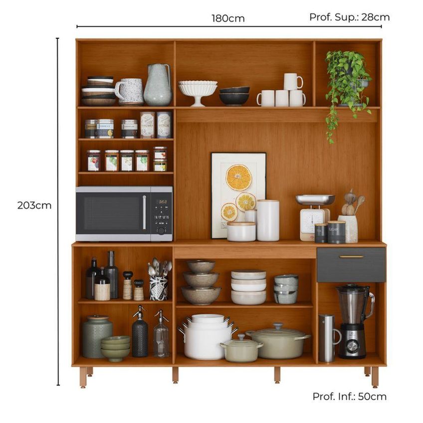 Kit Cozinha Núria 9 Portas 1 Gaveta MDF-MDP 180cm Grafite Pallazio - imagem 3