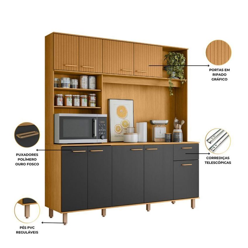 Kit Cozinha Núria 9 Portas 1 Gaveta MDF-MDP 180cm Grafite Pallazio - imagem 4