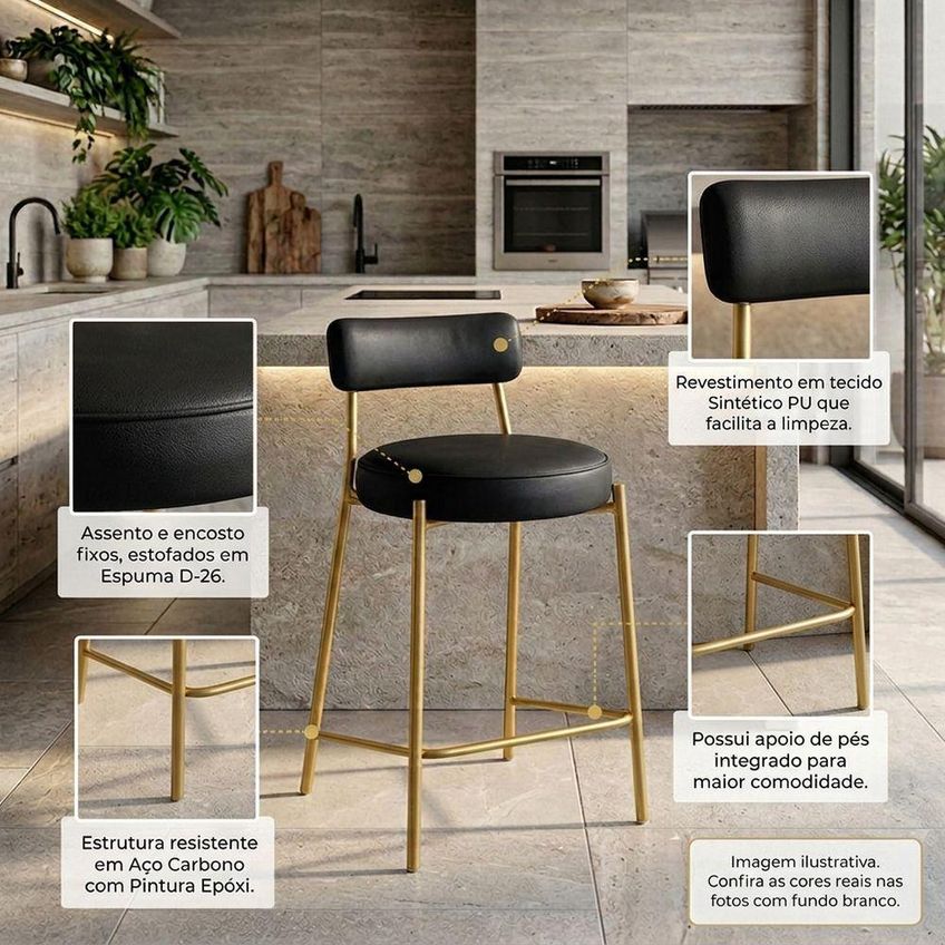 Banqueta Alta Londres Pu Encosto Industrial Base Fixa Preta D'rossi - imagem 3