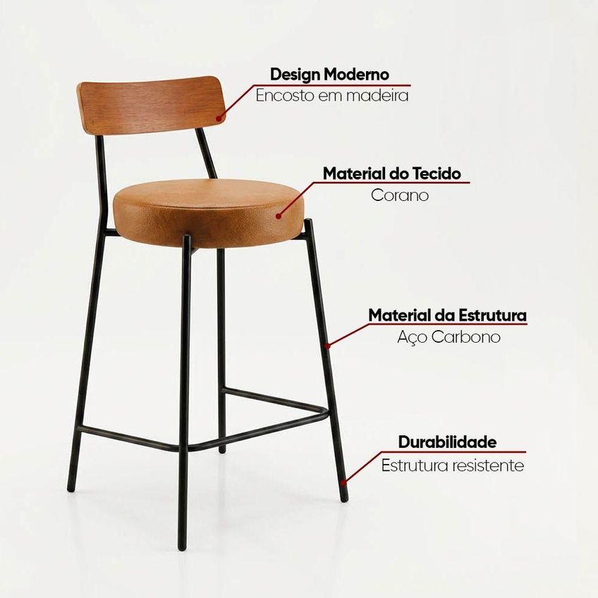 Banqueta Cozinha Alta D03 Assento Pu Base Aço Com Encosto 95cm Whisky D'rossi - imagem 3