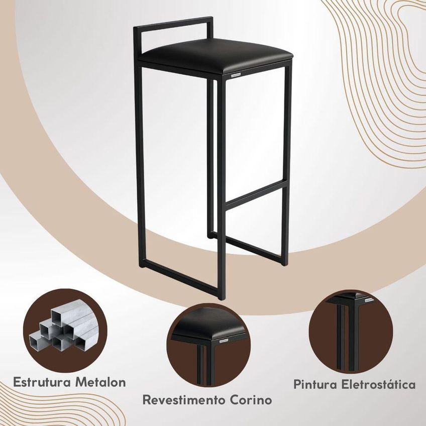 Banqueta Alta Industrial Couro Sintético Base Aço Com Encosto Caramelo Isa Estofados - imagem 4