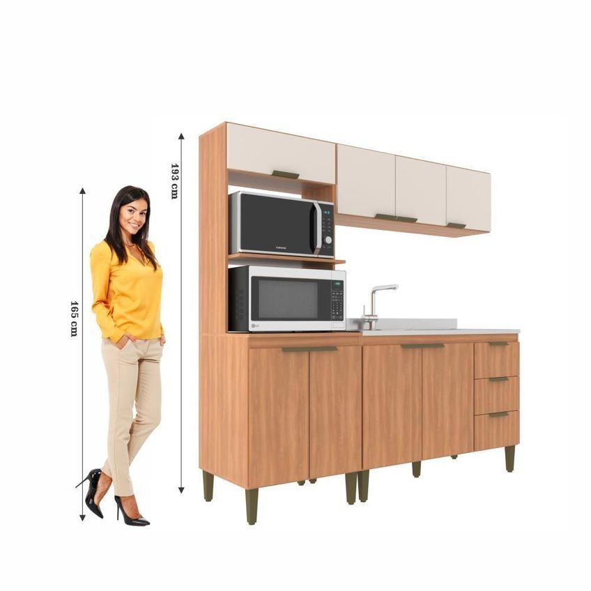 Cozinha Completa Modulada Bia 8 Portas 3 Prateleiras MDP Freijó E Off White J Carvalho Móveis - imagem 3
