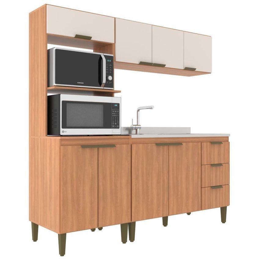 Cozinha Completa Modulada Bia 8 Portas 3 Prateleiras MDP Freijó E Off White J Carvalho Móveis - imagem 4