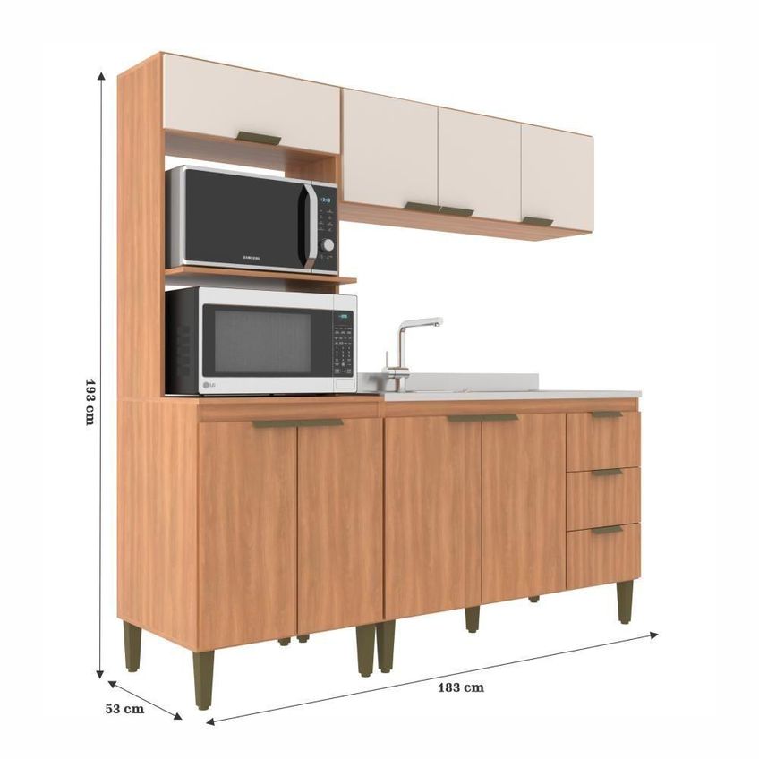 Cozinha Completa Modulada Bia 8 Portas 3 Prateleiras MDP Freijó E Off White J Carvalho Móveis - imagem 5