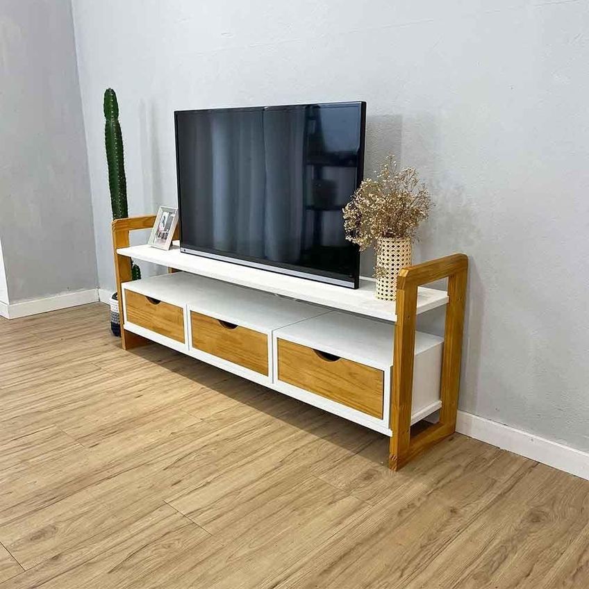 Rack TV Linea de Madeira Pinus 141,5cm com 3 Gavetas Branco e Nozes Artfactory Design - imagem 5