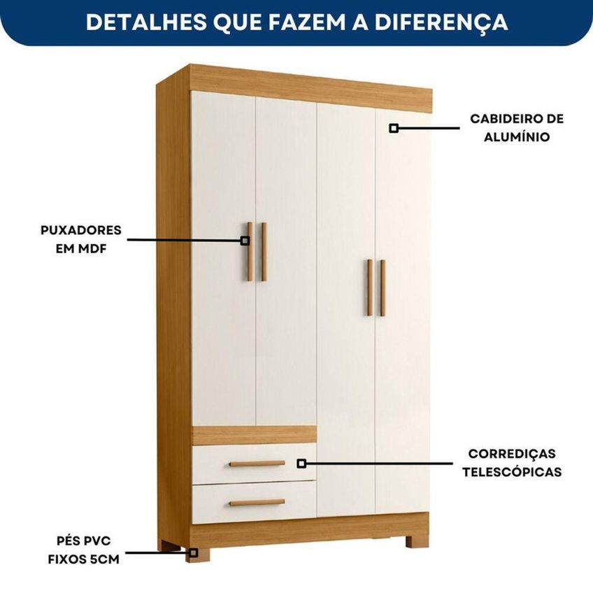 Guarda Roupa New Recife 4 Portas Giratórias Mdp Freijó E Off White Pallazio - imagem 3