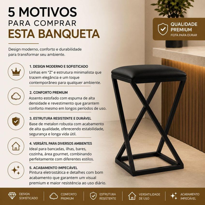 Kit 2 Banquetas Industriais Couro Sintético Base Em Z Sem Encosto Preto Isa Estofados - imagem 5