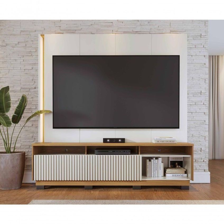 Home Theater Jordão Para TV 75" 200cm MDF-MDP com LED Off White Matte-Freijó Colibri Móveis - imagem 3