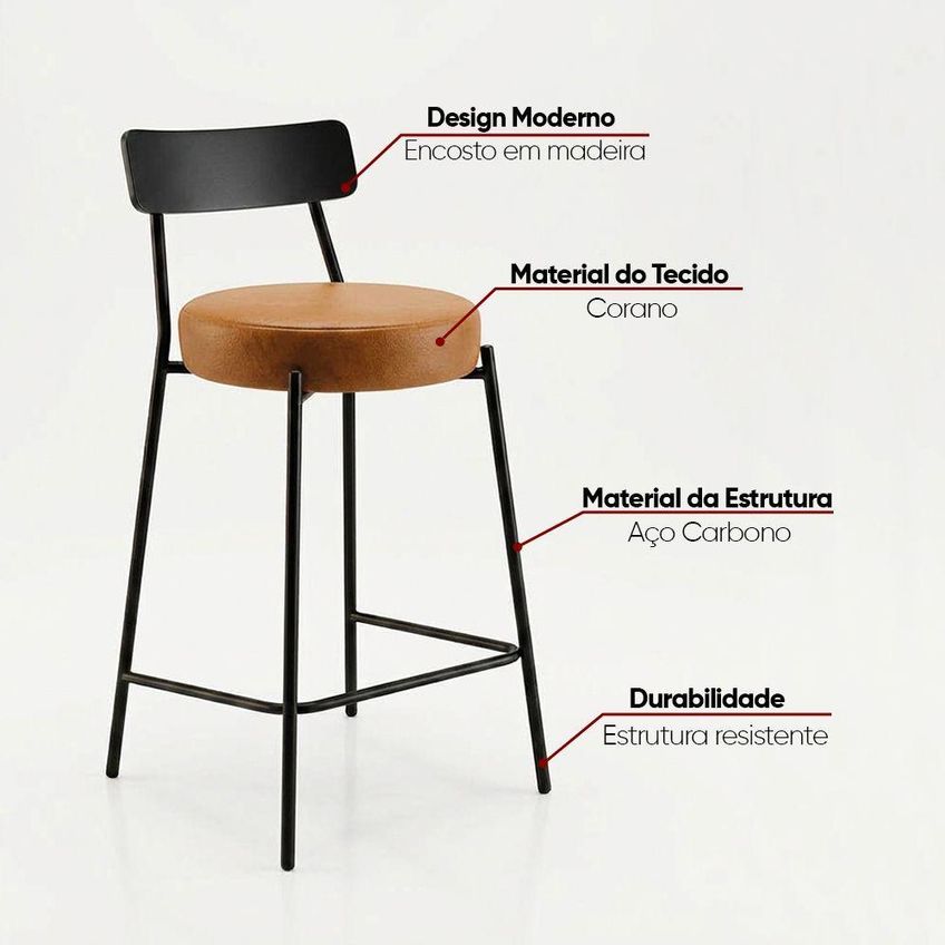 Banqueta Cozinha Alta Londrina Pu D03 Assento Em Pu Base De Aço Com Encosto 95cm Amadeirado D'rossi - imagem 3