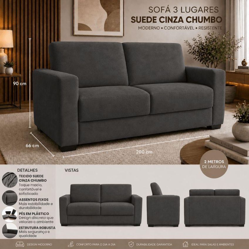 Sofá Namoradeira 3 Lugares 200cm Cinza Suede Black House Decor - imagem 5