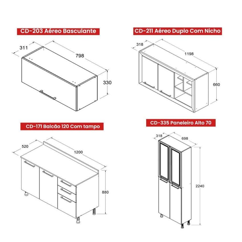Cozinha Compacta Aspen A45 9 Portas 3 Gavetas MDF Carvalho E Branco Ditália - imagem 3