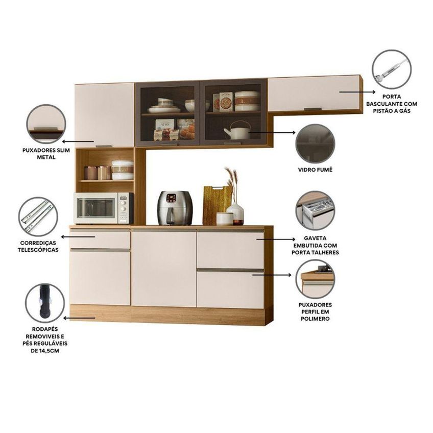 Cozinha Modulada Etna Flex 6 Portas 4 Prateleiras Mdp 258cm Carvalho Pallazio - imagem 4