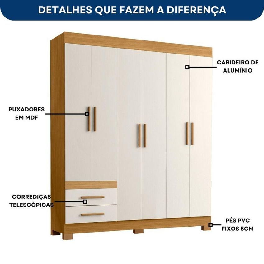 Guarda Roupa Casal New Recife 6 Portas Giratórias Mdp Freijó E Off White Pallazio - imagem 4