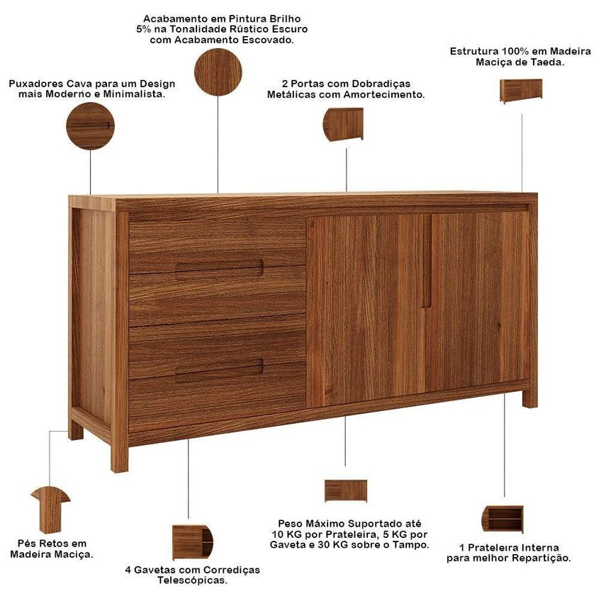 Aparador Buffet Dunia F06 2 Portas 1 Prateleira Madeira Maciça Marrom Lyam Decor - imagem 3