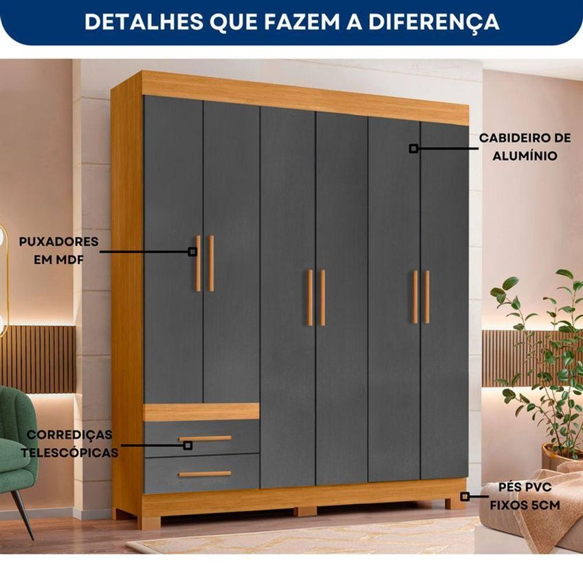 Guarda Roupa New Recife 6 Portas Giratórias Mdp Freijó E Grafite Pallazio - imagem 4