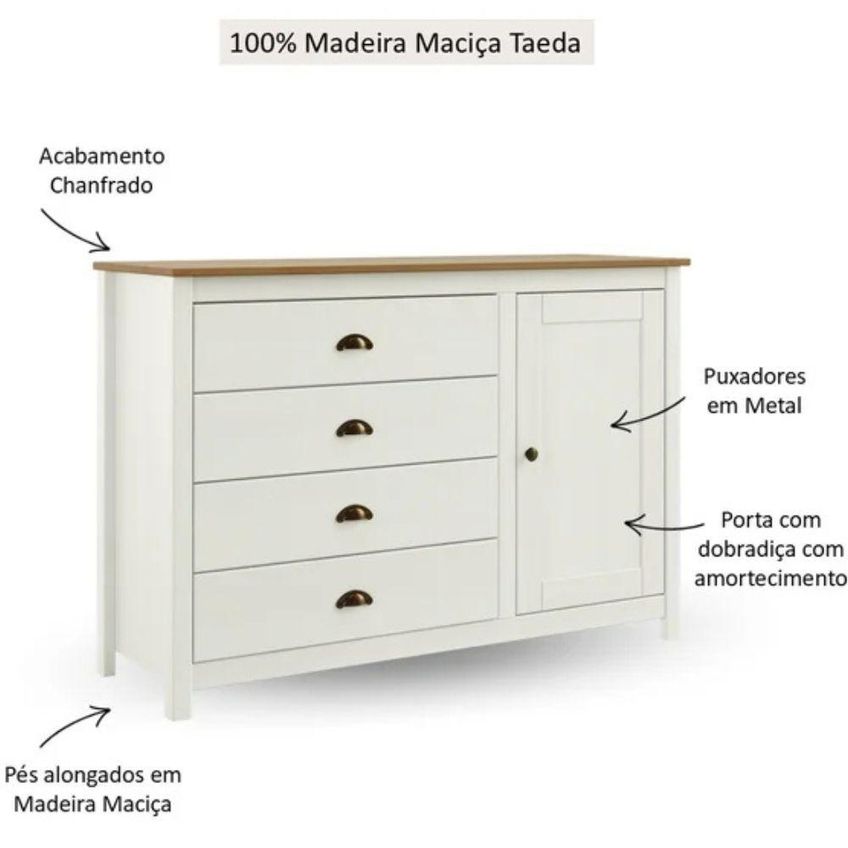 Cômoda Topázio 4 Gavetas E 1 Porta Madeira Maciça Metal Branco E Freijó - imagem 3