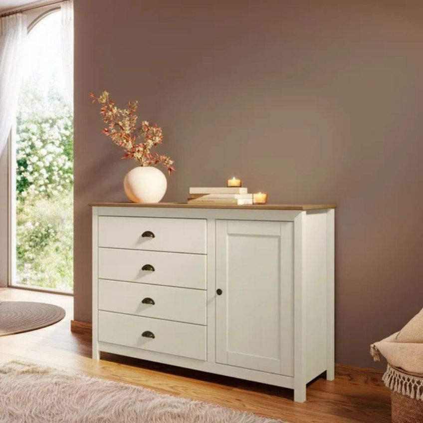 Cômoda Topázio 4 Gavetas E 1 Porta Madeira Maciça Metal Branco E Freijó - imagem 4