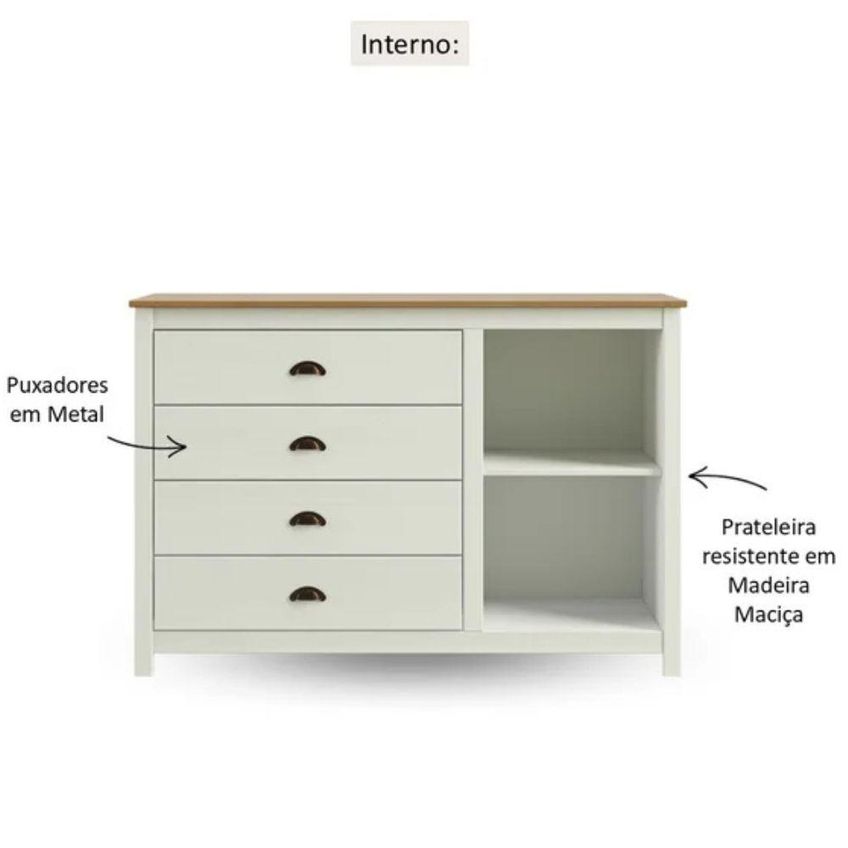 Cômoda Topázio 4 Gavetas E 1 Porta Madeira Maciça Metal Branco E Freijó - imagem 5