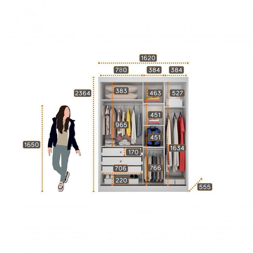Guarda Roupa Casal Virtus Plus 2 Portas De Correr 3 Gavetas MDF Com Espelho Cumaru-Fendi Móveis Novo - imagem 3