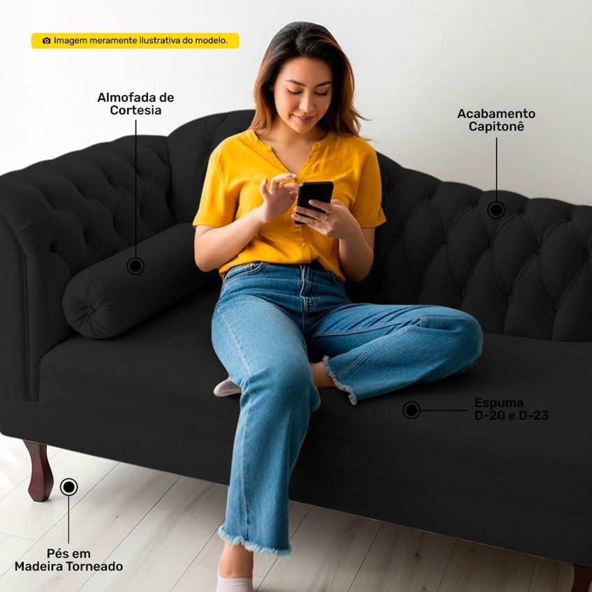 Divã Recamier Lavínia Clássico 1 Lugar 120cm Courino Preto Abmaza - imagem 2