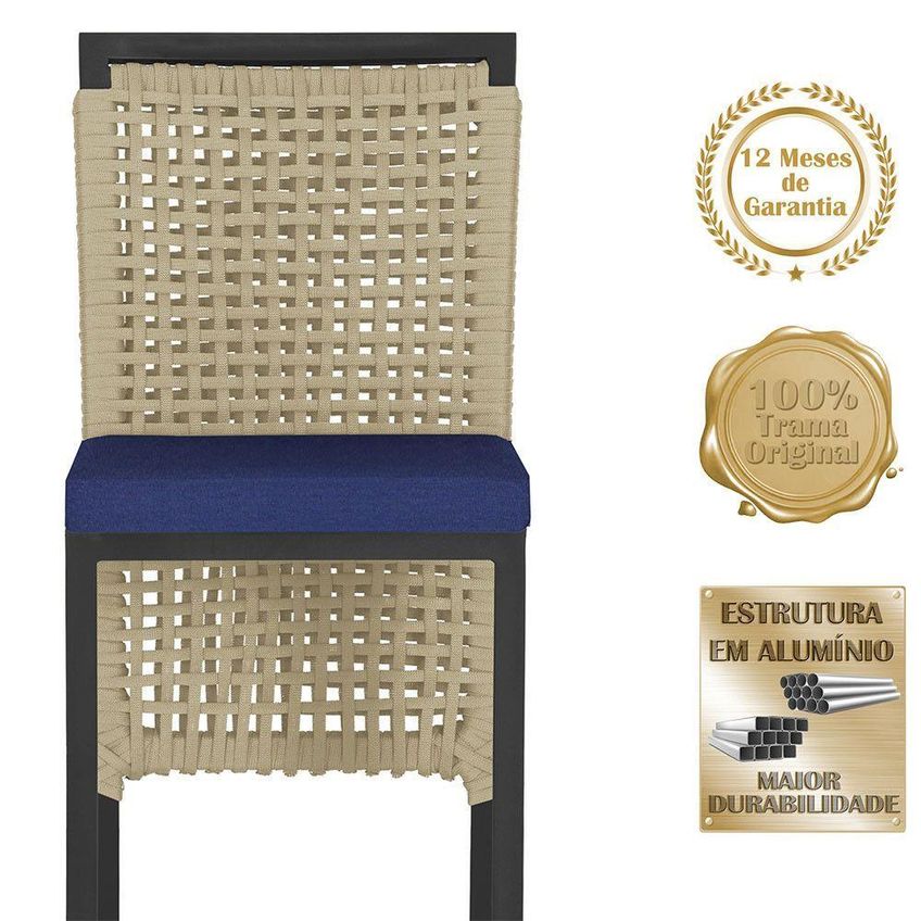 Kit 2 Banquetas Roma Alumínio Corda Náutica Encosto Fixo Preta Trama Original - imagem 5