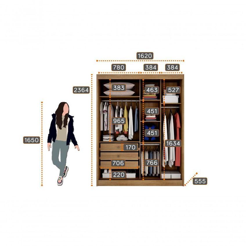 Guarda Roupa Casal Virtus Plus 2 Portas De Correr 3 Gavetas MDF Com Espelho Cumaru-Fendi Móveis Novo - imagem 4
