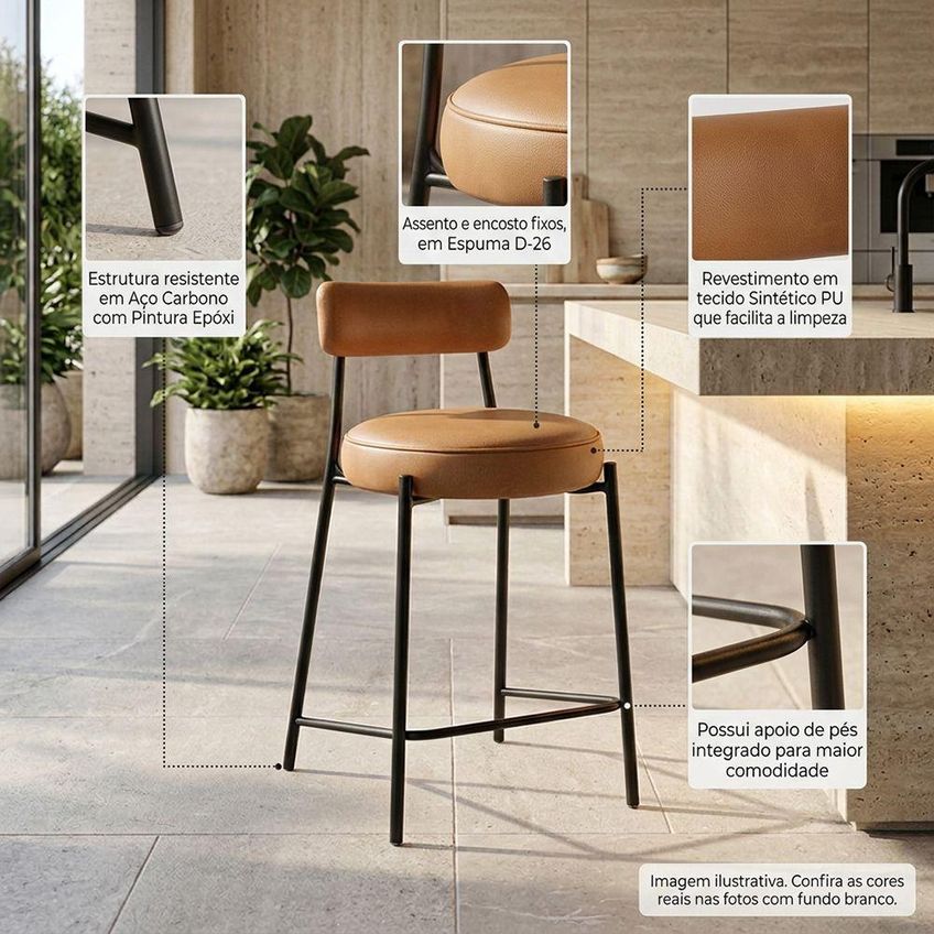 Banqueta Alta Londres Pu Assento Courino Base Fixa Com Encosto Fixo 75cm Whisky D'rossi - imagem 3