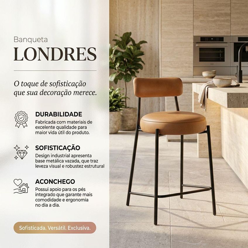 Banqueta Alta Londres Pu Assento Courino Base Fixa Com Encosto Fixo 75cm Whisky D'rossi - imagem 4